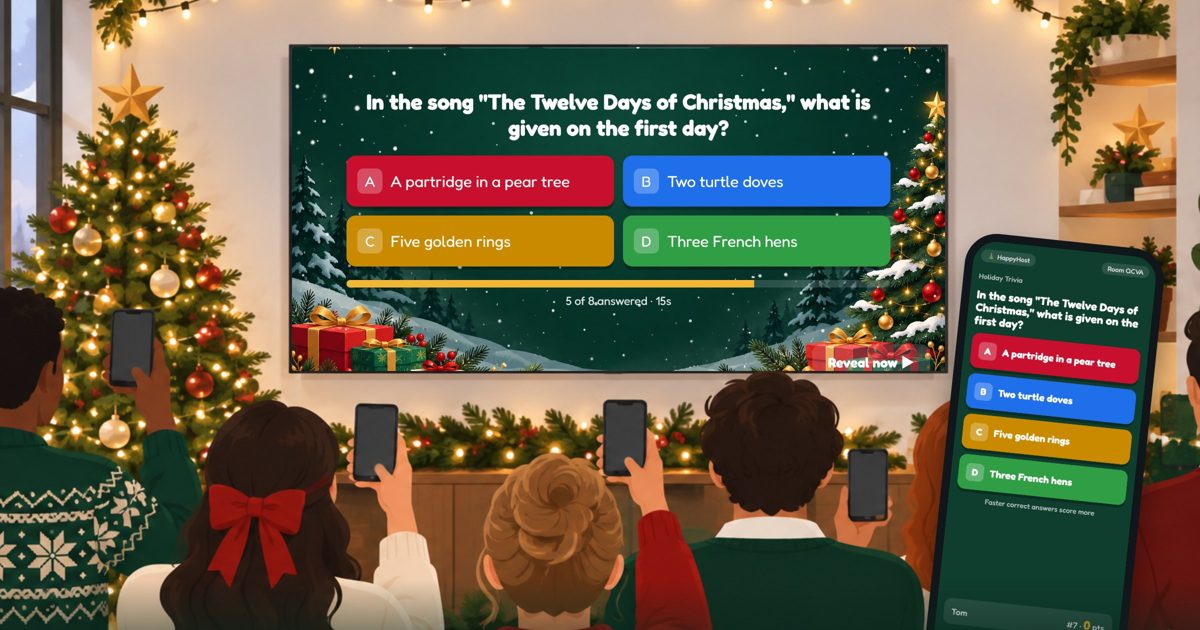 An office holiday party playing a trivia game on the TV with their phones